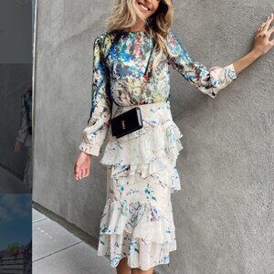 LR By Legally Red Women's Abstract Print Tiered Ruffle Dress Long Sleeve 10